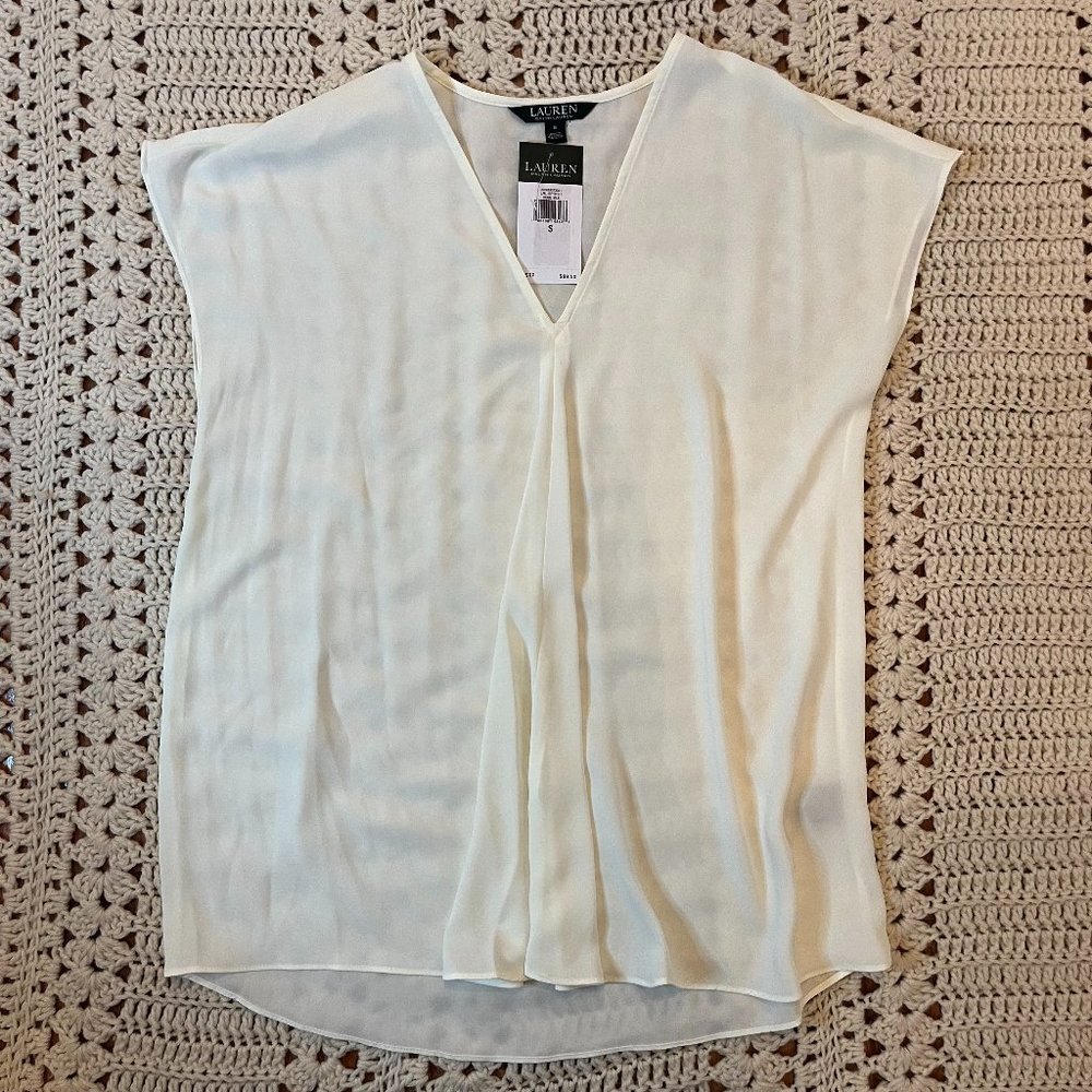 Lauren Ralph Lauren V-Neck Sleeveless Ivory Lightweight Pleat Front Blouse Small